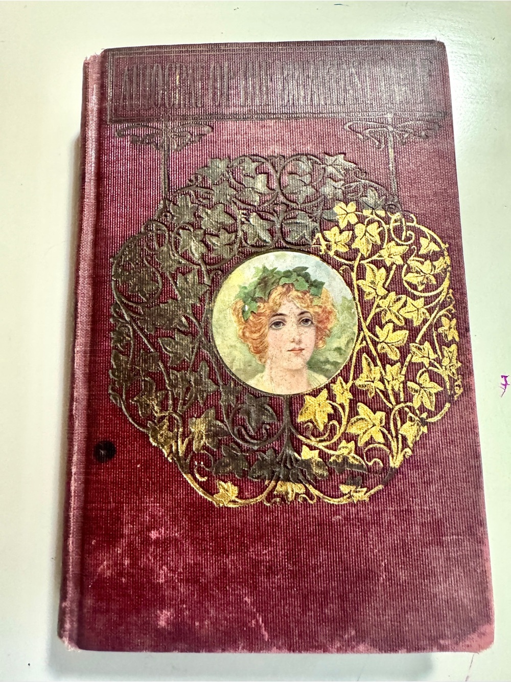 1900s Antique Real Hardcover Book with Gold Floral Medallion - Burgundy